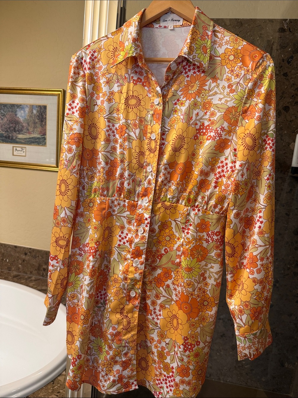 Long-Sleeve Orange Floral Button-Front Shirt Dress